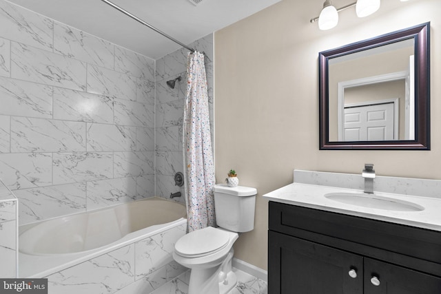 full bath featuring vanity, toilet, shower / bathtub combination with curtain, marble finish floor, and baseboards