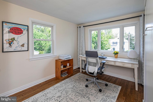 office space featuring baseboards, dark wood-style floors, and a wealth of natural light