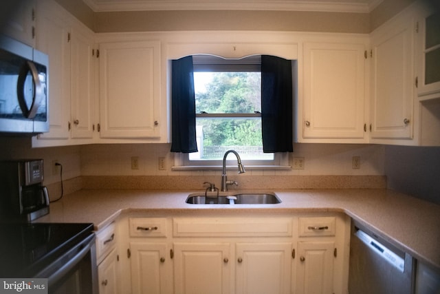 kitchen featuring white cabinets, stainless steel appliances, ornamental molding, and a sink