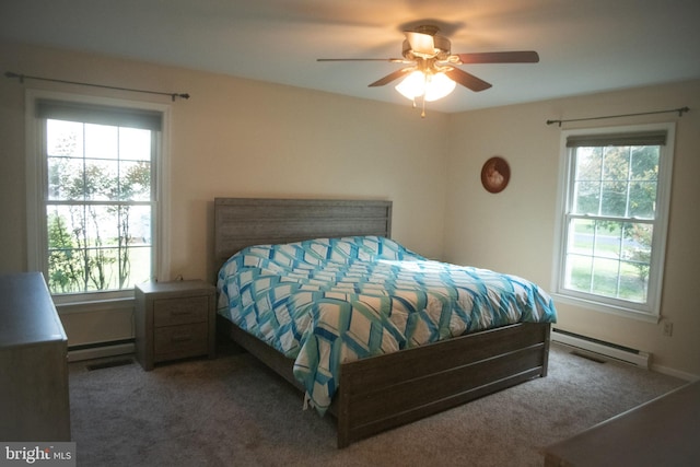 carpeted bedroom featuring a ceiling fan, a baseboard heating unit, and a baseboard radiator