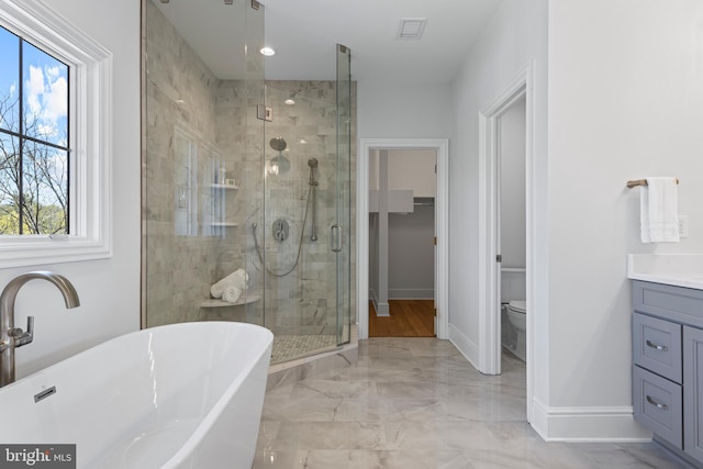 238 N Aberdeen Ave Lot 2, Wayne, PA 19087 - bathroom featuring a shower stall, vanity, marble finish floor, a freestanding bath, and visible vents