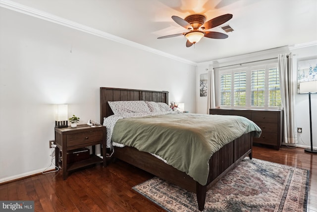 bedroom with crown molding, baseboards, a ceiling fan, and dark wood-style flooring