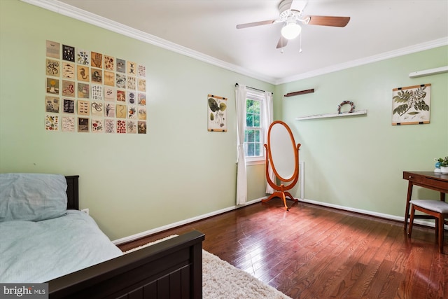 bedroom with crown molding, a ceiling fan, baseboards, and dark wood finished floors
