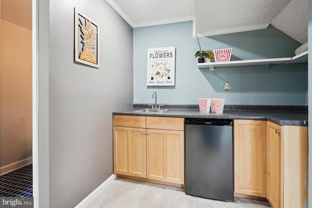 kitchen featuring open shelves, dark countertops, a sink, and dishwasher