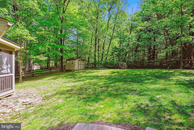 view of yard featuring a fenced backyard, an outdoor structure, and a shed
