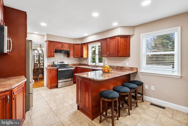kitchen with under cabinet range hood, stainless steel appliances, visible vents, a sink, and a peninsula