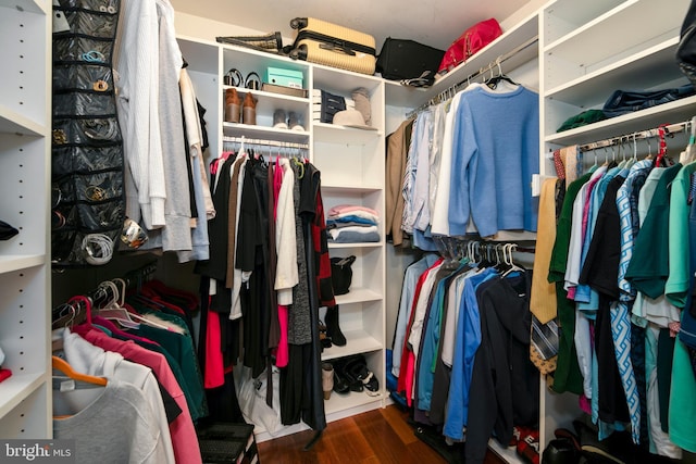walk in closet with wood finished floors