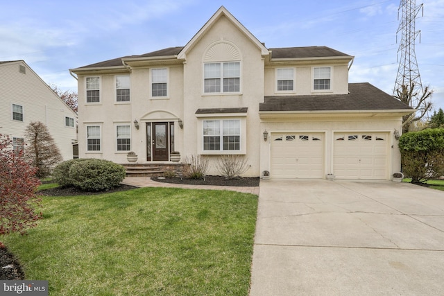 view of front of house featuring stucco siding, a front lawn, concrete driveway, and a shingled roof