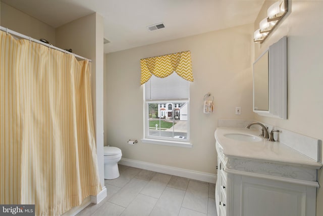 full bathroom with tile patterned flooring, visible vents, toilet, vanity, and baseboards