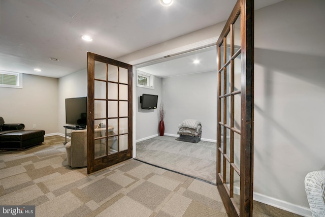 interior space featuring baseboards, carpet flooring, visible vents, and recessed lighting