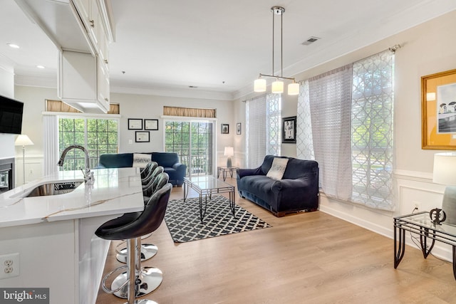 living area with recessed lighting, ornamental molding, light wood finished floors, and visible vents