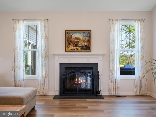 interior details featuring a glass covered fireplace, wood finished floors, visible vents, and baseboards