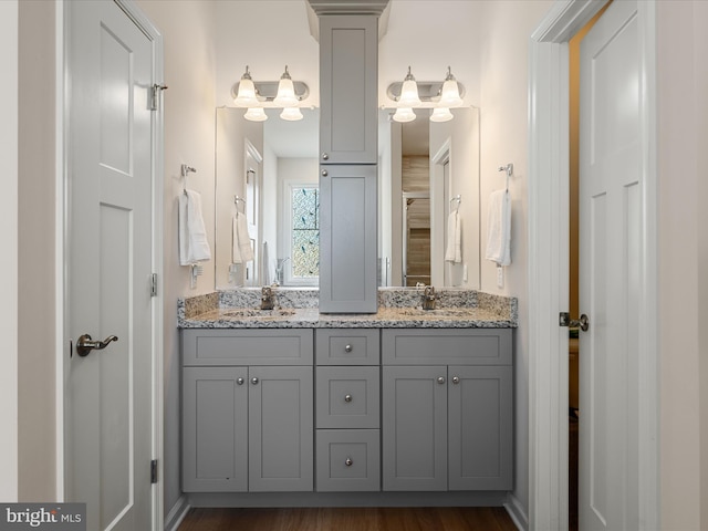 full bath featuring double vanity, wood finished floors, and a sink