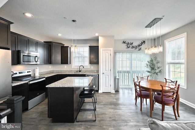 kitchen featuring a wealth of natural light, stainless steel appliances, dark wood-type flooring, and a sink