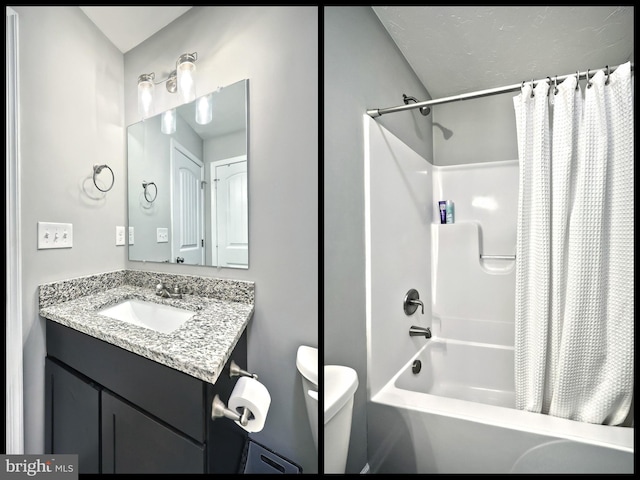 bathroom featuring shower / tub combo, toilet, and vanity