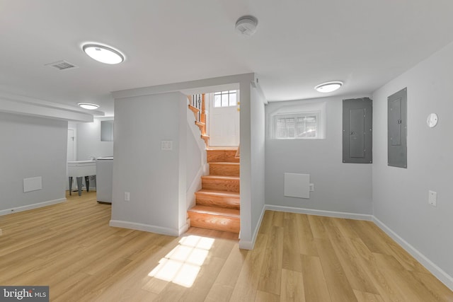 5634 6th St N, Arlington, VA 22205 - below grade area with light wood-type flooring, electric panel, stairway, and baseboards