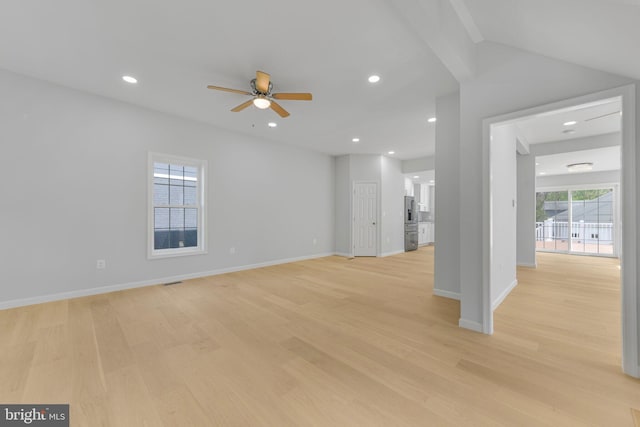 5634 6th St N, Arlington, VA 22205 - unfurnished living room featuring ceiling fan, light wood-type flooring, baseboards, recessed lighting, and lofted ceiling