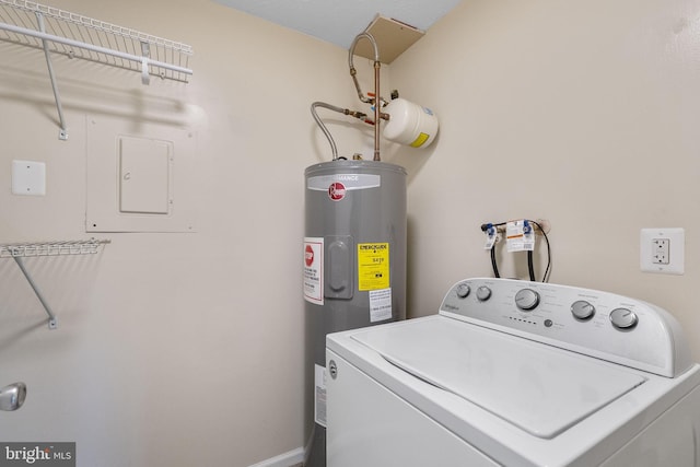 laundry area with washer / dryer, electric panel, laundry area, and electric water heater