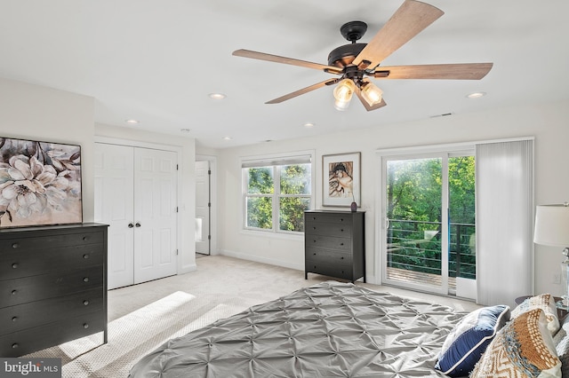 bedroom featuring recessed lighting, a ceiling fan, carpet floors, and access to exterior