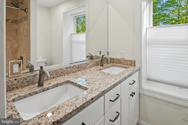 bathroom featuring a sink, toilet, and double vanity