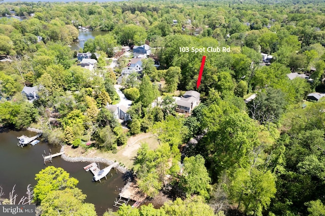 bird's eye view featuring a water view and a wooded view