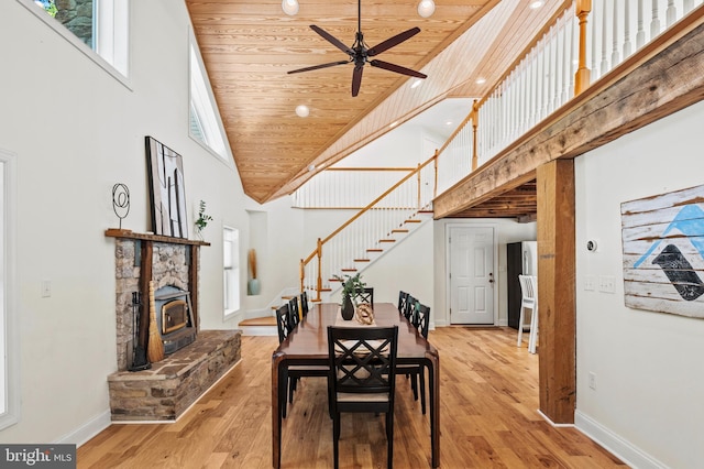 dining space with wood ceiling, high vaulted ceiling, and stairs