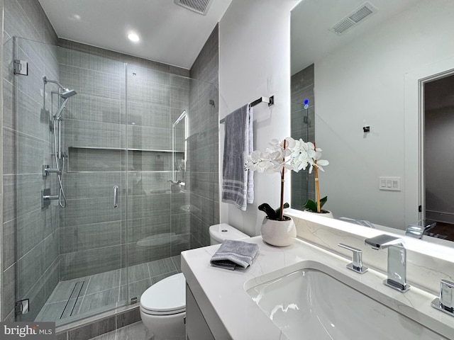 full bathroom with visible vents, a shower stall, and toilet