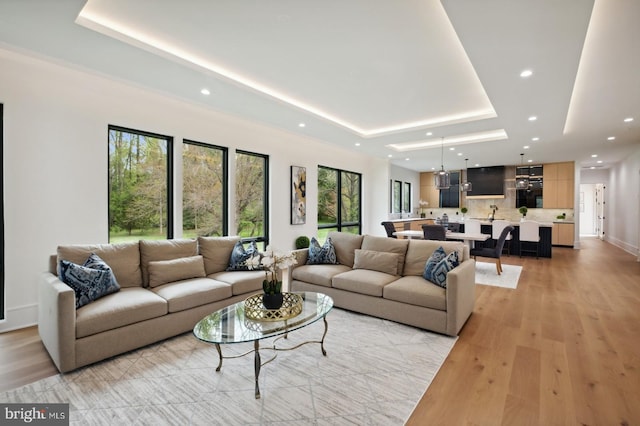 living area with a tray ceiling, light wood-type flooring, and recessed lighting