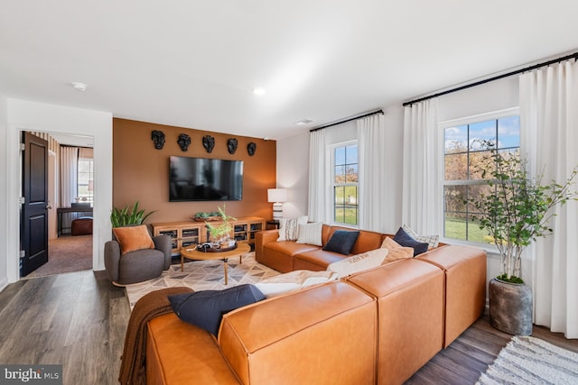 living room featuring plenty of natural light and dark wood-style floors