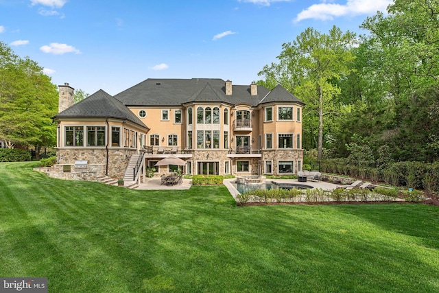 840 Childs Point Rd, Annapolis, MD 21401 - rear view of property with a chimney, a patio area, stairway, and stone siding