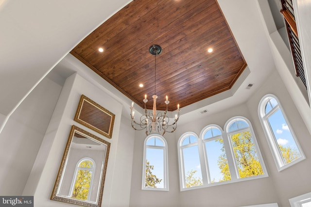 840 Childs Point Rd, Annapolis, MD 21401 - room details featuring an inviting chandelier, visible vents, recessed lighting, a raised ceiling, and wooden ceiling