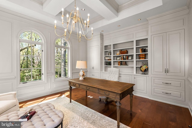 840 Childs Point Rd, Annapolis, MD 21401 - office area featuring crown molding, an inviting chandelier, beam ceiling, recessed lighting, and dark wood-type flooring