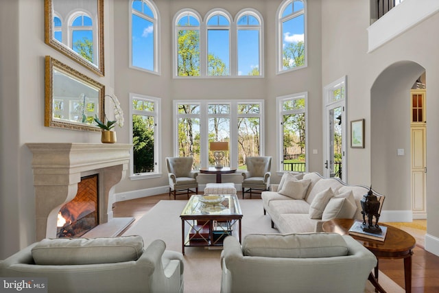 840 Childs Point Rd, Annapolis, MD 21401 - living area with baseboards, arched walkways, a towering ceiling, and wood finished floors