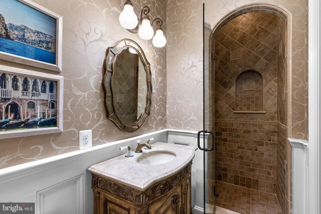 840 Childs Point Rd, Annapolis, MD 21401 - full bath with vanity, wainscoting, a shower stall, and wallpapered walls