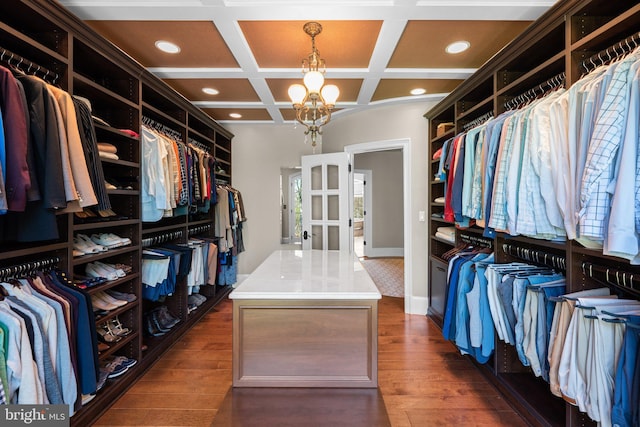 840 Childs Point Rd, Annapolis, MD 21401 - walk in closet featuring an inviting chandelier, dark wood-style flooring, coffered ceiling, and french doors