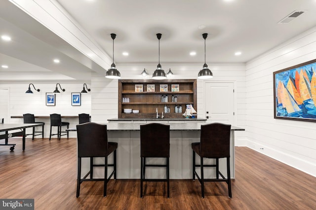 840 Childs Point Rd, Annapolis, MD 21401 - bar with wood walls, visible vents, pendant lighting, and dark wood finished floors