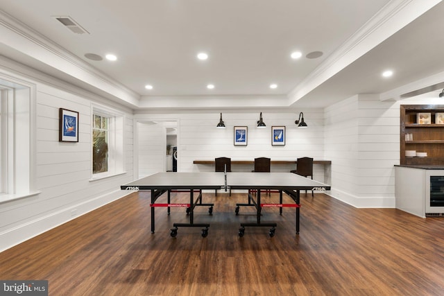 840 Childs Point Rd, Annapolis, MD 21401 - rec room featuring crown molding, visible vents, wood finished floors, wooden walls, and a tray ceiling