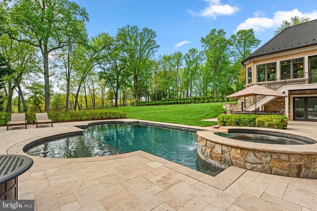 840 Childs Point Rd, Annapolis, MD 21401 - outdoor pool with a lawn, an in ground hot tub, a patio area, and stairway