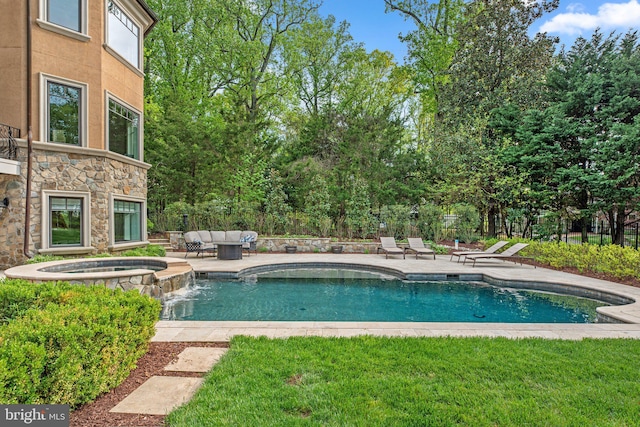 840 Childs Point Rd, Annapolis, MD 21401 - view of swimming pool featuring a lawn, a pool with connected hot tub, fence, an outdoor hangout area, and a patio
