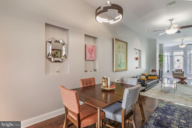 2103 Bolton St, Baltimore, MD 21217 - dining space featuring dark wood-style flooring, a ceiling fan, recessed lighting, and baseboards