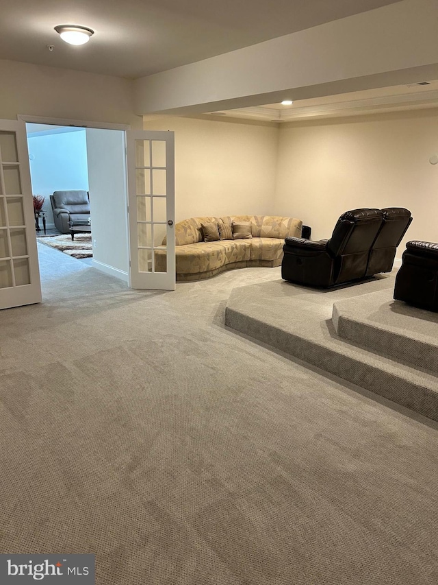 living room with carpet flooring and french doors