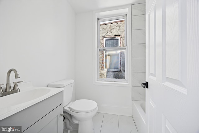 bathroom with a washtub, vanity, marble finish floor, walk in shower, and toilet