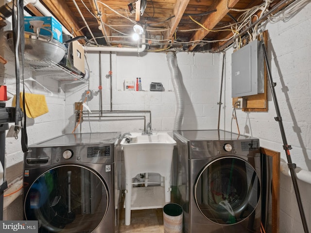 laundry room featuring laundry area, washing machine and dryer, and electric panel
