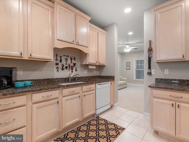 kitchen with a ceiling fan, a sink, light brown cabinetry, dishwasher, and recessed lighting