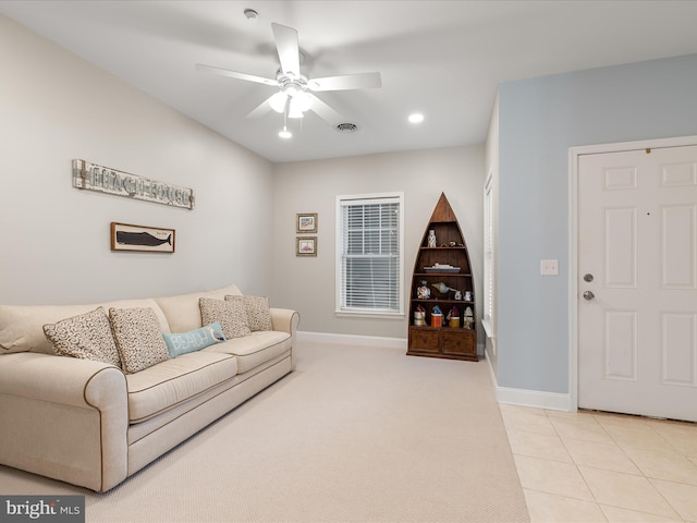 living room featuring visible vents, baseboards, recessed lighting, ceiling fan, and light tile patterned floors