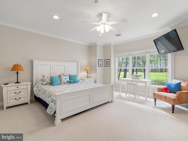 bedroom with recessed lighting, light colored carpet, and ornamental molding