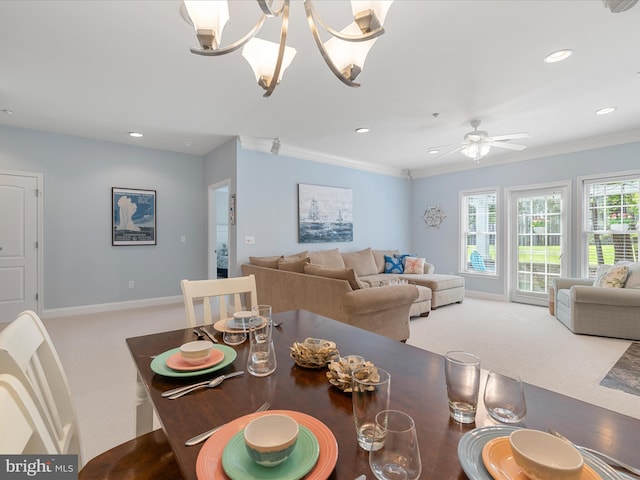 dining room featuring recessed lighting, carpet flooring, and ornamental molding