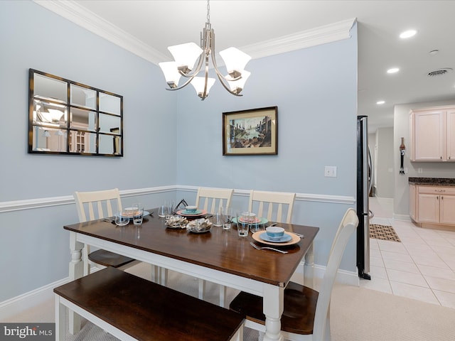 dining area featuring crown molding, baseboards, a notable chandelier, visible vents, and recessed lighting