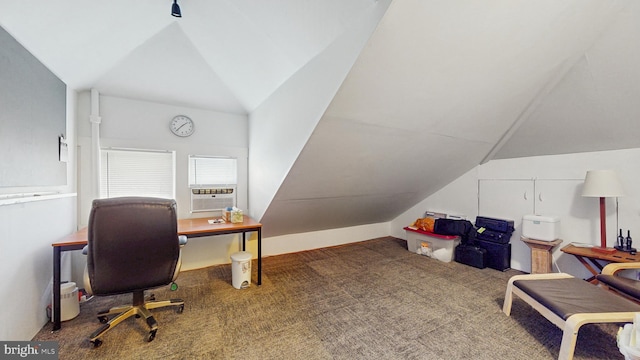 carpeted home office with vaulted ceiling and cooling unit