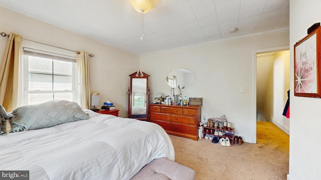 carpeted bedroom with crown molding